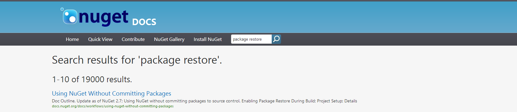 First hit in search results when looking for Package Restore on the NuGet docs